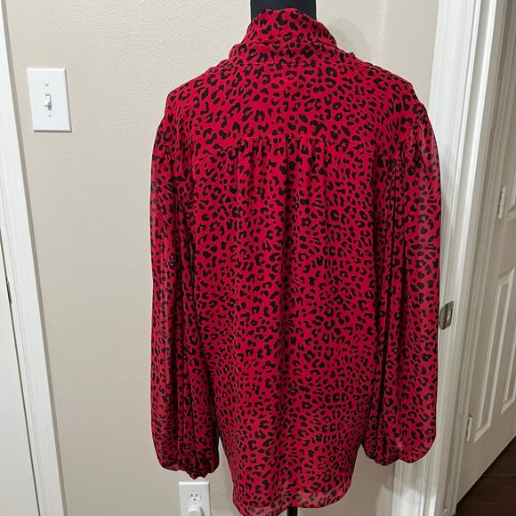 Chico’s Women Blouse Sz 3(16-18) Red/Black Chiffon Balloon Sleeves Holidays - Picture 2 of 10